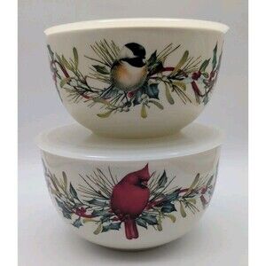 Lenox Winter Greetings Stackable Bowls with Lids Set of 2 Cardinal Chickadee